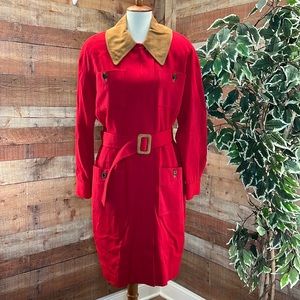 KATHRYN DIANOS  Red Zipper Front 4 Pocket Wide Collar Belted Waist Jacket Dress